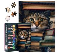 Puzzle mignon de 1000 pièces pour adultes, un chat curieux qui regarde derrière une pile de livres - Puzzle défi impossible pour les amateurs de chats - 50 x 69,8 cm