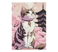 Puzzle Mini 1000 Pièces Chat Fleur de Cerisier Pagode pour Adultes | 70x50cm Carton Décor Maison Coupe Précise Cadeau Réunion Soulagement Stress