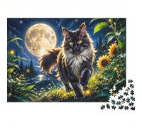 Puzzle Mini 1000 Pièces Chat Lune Fleur pour Adultes | 70x50cm Carton Décoration Salon Coupe Précise Cadeau Anniversaire Détente