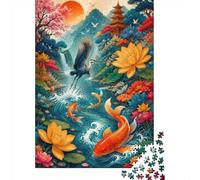 Puzzle Mini 1000 Pièces Lotus Poisson Grue pour Adultes | 70x50cm Carton Décor de Bureau Coupe Précise Cadeau Anniversaire Détente