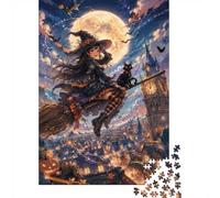 Puzzle Mini 1000 Pièces Sorcière Chat Lune Adultes | 38x26cm Carton Décoration Bureau Coupe Précise Cadeau Anniversaire Détente