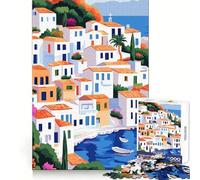 Puzzle minimaliste de 1000 pièces représentant un village européen abstrait orange et blanc,1000 pièces,idéal pour adultes Activité relaxante et stimulante pour la mémoire Bords nets Un cadeau raffiné
