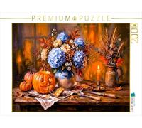Puzzle · Motif automnal avec des hortensias et Une Citrouille sculptée à la | lueur des bougies · Un bouquet d'hortensias à côté d'une… · 2000 pièces · Format assemblé 90 × 67 cm · CALVENDO Puzzle