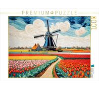 Puzzle · Moulin à Vent près d'une mer de Tulipes colorées au Printemps | Champs de tulipes colorés et moulin à vent dans la lumière du… · 1000 pièces · Format assemblé 64 × 48 cm · CALVENDO Puzzle