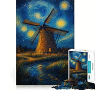 Puzzle Moulin à Vent sous Une Nuit étoilée 1000 pièces Jeu Stimulant Le Cerveau Ajustement Parfait Divertissement Confortable à l'intérieur pour Tous (38x52cm)