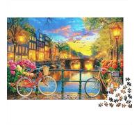 Puzzle Mural Adulte « Coucher de Soleil sur Le Canal à vélo » Canal d'Amsterdam avec vélos Jeu éducatif et détendu 1000 pièces 70 x 50 cm