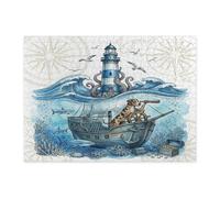 Puzzle nautique Catahoulas Léopard Chien Océan Puzzle pour Adultes 500 pièces, Phare de Mer d'été en Bois Imprimé, Décor Sous-marin pour Divertissement à la maison