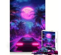 Puzzle Neon Drive Under The Moon pour Adolescents, 1000 pièces, renforce la mémoire, soulage Le Stress, décoration Murale aux Bords Nets (38x52cm)