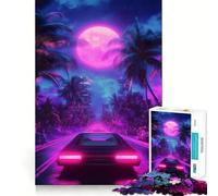 Puzzle Neon Drive Under The Moon pour Adolescents, 1000 pièces, renforce la mémoire, soulage Le Stress, décoration Murale aux Bords Nets (38x52cm)
