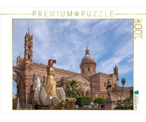 Puzzle · Norman à Palerme | La statue de Sainte Rosalie devant la cathédrale de Palerme · 1000 pièces · Format assemblé 64 × 48 cm · CALVENDO Puzzle