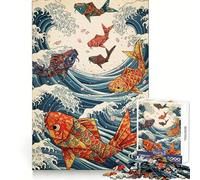 Puzzle Origami Koi Poisson Vagues Océan Adultes 1000 Pièces Jeu de réflexion Anti-Stress Décoration Murale Transparente (50x75cm)