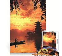 Puzzle pagode au Coucher du Soleil et pêcheur pour Adolescents, 1000 pièces, Jouet Intelligent et apaisant, découpe Lisse, 38x26cm
