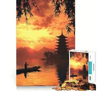 Puzzle pagode au Coucher du Soleil et pêcheur pour Adolescents, 1000 pièces, Jouet Intelligent et apaisant, découpe Lisse, 38x26cm