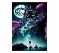 Puzzle pagode Japonaise au Clair de Lune de 1000 pièces pour Adultes | 70x50cm Scène de pagode illuminée par la lune, parfaite pour se détendre seul ou partager un moment convivial