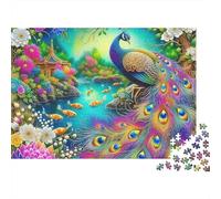 Puzzle Paon 1000 pièces Adultes, Paon près ruisseau avec Fleurs vibrantes, épais, Robuste, Haute qualité, Vibrant, défi Difficile, Cadeau 38x26cm/1000pcs