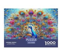 Puzzle Paon 1000pcs Paon aux Plumes déployées sur des Fleurs, Jeu éducatif et décompressant pour Adultes et Adolescents, 52x38 cm/1000pcs