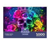 Puzzle Papier recyclé 1000 pièces Crâne Couronne Roses Arc-en-Ciel, Anti-Stress décoration Murale, Jeu éducatif Adulte, 52x38cm