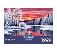 Puzzle Papier Recyclé Très Difficile 1000 Pièces Coucher de Soleil Lac d'hiver Arbres, Décoration Murale Maison Anti-Stress 70x50cm