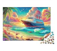 Puzzle Paysage Bord de Mer 1000 Pièces pour Adultes Navire de Croisière Plage Coucher de Soleil Palmiers Difficile Premium Épais Robuste Haute Qualité Vibrant Difficile Anti-Stress 70x50cm