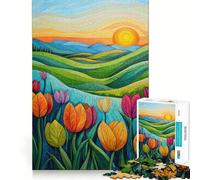 Puzzle Paysage de Tulipes au Coucher du Soleil pour Adolescents, 1000 pièces, Jeu d'entraînement cérébral, Image Simple et Amusante à Assembler, Cadeau précieux 38x52cm