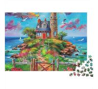 Puzzle Paysage Marin 1000 pièces Adultes et Famille, Phare sur île avec Fleurs et mer, épais, Robuste, Haute qualité, défi, Anti-Stress, Jeu 38x26cm/1000pcs