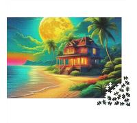 Puzzle Paysage Marin 1000 pièces Adultes, Maison de Plage sous Pleine Lune la Nuit, épais, Robuste, Vibrant, défi, Anti-Stress, Jeu Familial 38x26cm/1000pcs