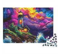 Puzzle Paysage Marin Haute qualité 1000 pièces Adultes, Phare dans Ciel orageux au Coucher du Soleil, épais, Robuste, Vibrant, défi, Jeu Familial 38x26cm/1000pcs