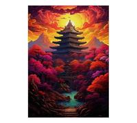 Puzzle Paysage pagode au Coucher du Soleil pour Adultes, 1000 pièces | 52x38cm Scène de pagode colorée au coucher du soleil, idéale pour se détendre seul ou partager un moment convivial