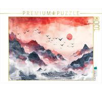 Puzzle · Peinture à l'encre Asiatique représentant Une volée d'oiseaux, Un | soleil rouge, la mer et des rochers · Une volée d'oiseaux… · 1000 pièces · Format assemblé 64 × 48 cm · CALVENDO Puzzle