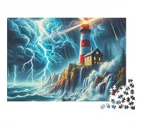 Puzzle Phare-Mer Déchaînée-1000 pièces-Carton épais-Anti-Stress-Encadrement Possible-Cadeau d'anniversaire idéal pour Adultes,passionnés et couples-70x50cm