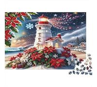 Puzzle Phare Noël 52x38cm 1000p Papier Recy dulte Paysage Hivernal Poinsettia Défi Difficile Détente Habiletés Manuelles Idée Cadeau