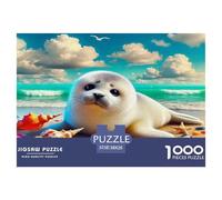 Puzzle Phoque en Papier recyclé 1000 pièces - Phoque Plage, Coquillages, Joyeux, ensoleillé pour Adultes, Cadeaux, Jeu éducatif, décoration Murale 38x26cm/1000pcs