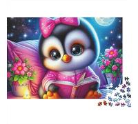 Puzzle Pingouin 1000 pièces Adultes, Pingouin lisant Livre nœud Rose, épais, Robuste, Haute qualité, Vibrant, défi Difficile, Cadeau 52x38cm/1000pcs