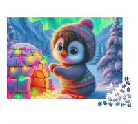 Puzzle Pingouin Difficile 1000 pièces Adultes, Pingouin près Igloo éclairé dans Neige, épais, Robuste, Haute qualité, Vibrant, défi, Anti-Stress 38x26cm/1000pcs