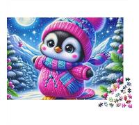 Puzzle Pingouin soirée Jeu 1000 pièces Adultes, Pingouin skiant en Tenue d'hiver Rose, épais, Robuste, Vibrant, défi Difficile, Anti-Stress 38x26cm/1000pcs