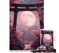 Puzzle Pink Moon et Fleurs de Cerisier 1000 Pièces pour Adolescents Jeu de Logique et de Train Découpe Lisse et Légère Décoration Murale (38x52cm)