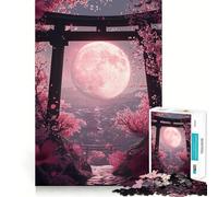 Puzzle Pink Moon et Fleurs de Cerisier 1000 Pièces pour Adolescents Jeu de Logique et de Train Découpe Lisse et Légère Décoration Murale (38x52cm)