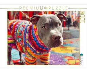 Puzzle · Pit Bull en Tricot Multicolore | Maman m'a tricoté un joli pull-over · 1000 pièces · Format assemblé 64 × 48 cm · CALVENDO Puzzle