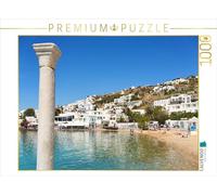 Puzzle · Plage d'été dans la Ville de Mykonos | les plaisirs de la baignade en Grèce · Maisons blanches, baie… · 1000 pièces · Format assemblé 64 × 48 cm · CALVENDO Puzzle