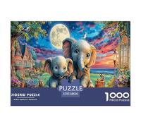 Puzzle Pont des éléphants, Deux éléphants scène Clair Lune, 1000 pièces Papier recy ctivité Maison, 38x26cm