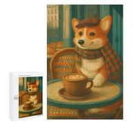 Puzzle pour Adolescents 1000 PCS Corgi at Parisian Cafe with Coffee Puzzles pour Adolescents - Jouets Anti-Stress - Assemblage De Motifs - Cadeaux Uniques pour Anniversaire Et Noël 1000 PCS