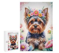 Puzzle pour Adolescents 1000 PCS Cute Yorkshire with Floral Crown Watercolor Puzzles pour Adultes Jeux De Famille Cadeau d'anniversaire Activités Amusantes À La Maison, 1000 PCS