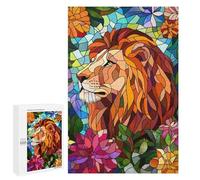 Puzzle pour Adolescents 1000 PCS Lion in Flowers Stained Glass Puzzles pour Adolescents - Jouets Anti-Stress - Améliore La Mémoire - Idéal comme Cadeau 1000 PCS