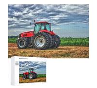 Puzzle pour Adolescents 1000 PCS Red Tractor in Field Under Cloudy Sky Puzzle pour Adultes Jeux Amusants Cadeaux De Décoration Parfaits pour Les Amis Et La Famille 1000 PCS