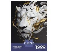 Puzzle pour Adolescents 1000 Pièces Abstract White Lion with Gold Splatter Puzzle pour Adultes Jeu Manuel Découpe De Précision Activités Amusantes À La Maison 38x26cm/1000pcs