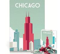 Puzzle pour Adolescents 1000 pièces Affiche de Voyage Chicago Découpe serrée Casse-tête logique Amusant Jeu de détente et de Divertissement Cadeau Artistique de Noël (38x26cm)