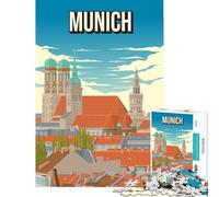 Puzzle pour adolescents 1000 pièces affiche de voyage vintage de Munich Allemagne représentant la Frauenkirche et le nouvel hôtel de ville pour jeux éducatifs cadeaux et activités familiales (38x52cm)