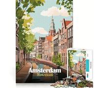 Puzzle pour Adolescents 1000 pièces Amsterdam Pays-Bas Paysage Urbain avec Canal Illustration Assemblage Lisse Jeu Amusant et Stimulant pour Le Cerveau,détente et Divertissement,Cadeau de Noël idéal