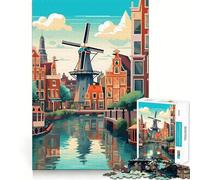 Puzzle pour Adolescents 1000 pièces Amsterdam Windmill Travel Premium Cut,Jeu Amusant et Intelligent,Cadeau,Facile à Jouer,pièce Artistique de Noël (38x52cm)