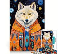 Puzzle pour Adolescents 1000 pièces Animaux Tribaux Loup Blanc Bords impeccables Jeu Amusant de logique et de réflexion Jeu Calme et divertissant Cadeau d'anniversaire Activité Artistique (50x75cm)